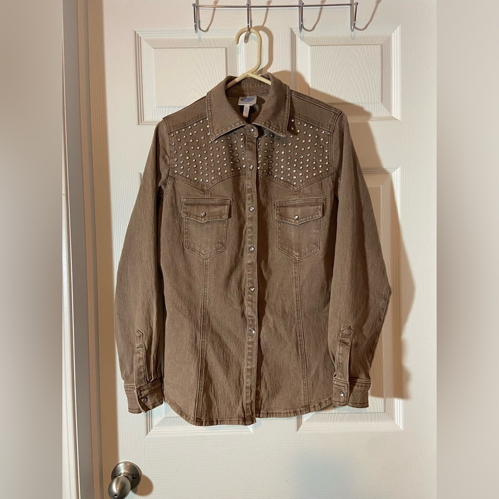 Jacket Blazer Denim DG2 Diane Gilman Brown copper round Studs Designer fashion